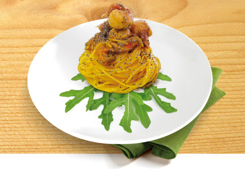 Linguini with Sea Scallops, Zucchini Blossoms and Orange