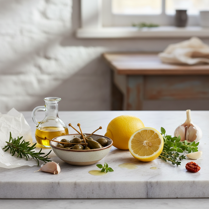 Bowl of capers in vinegar with lemon, olive oil, garlic and herbs on marble surface